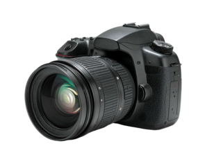 Sleek black DSLR camera with a large, professional lens, angled slightly to the left, showcasing its intricate details and functionality