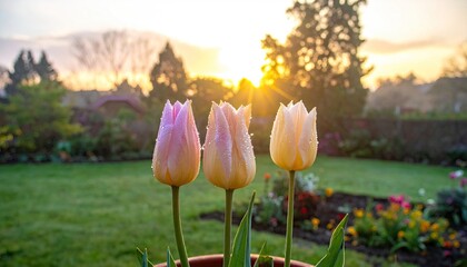 Three pastel tulips in a garden at sunrise
