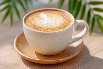 Cup of Cappuccino with Latte Art on Wooden Table
