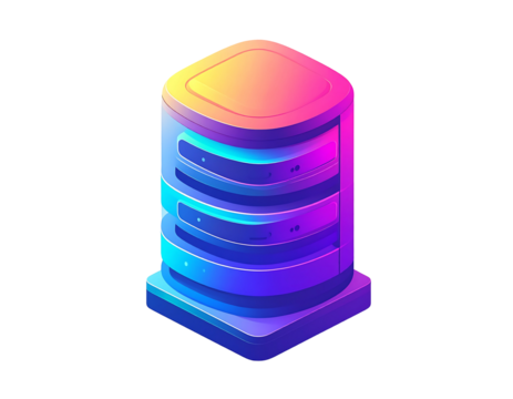 Isometric illustration of a vibrant, multi-layered server rack with a gradient color scheme transitioning from warm yellow-orange to cool blue-violet