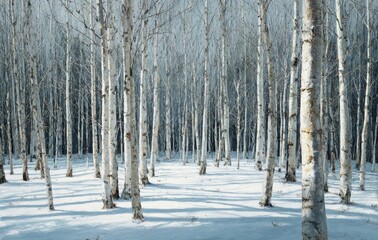 Fototapeta premium Sunlit birch forest in winter snow (1)