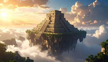 Ancient pyramid floats on clouds, sunrise