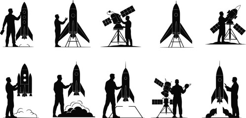 Silhouettes of people with rockets and satellites, showcasing space exploration, launch preparation, inspection, engineering, and aerospace technology scenes