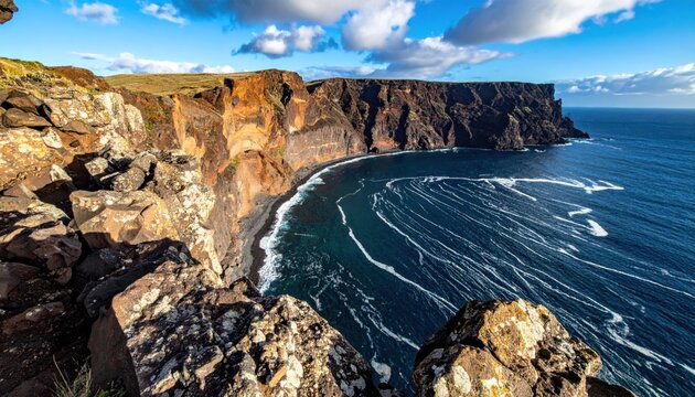 Cinematic ocean view of a submarine canyon shelf break seen from a cliff rim, converging swell lines traced as silver threads for refined seascape clarity.