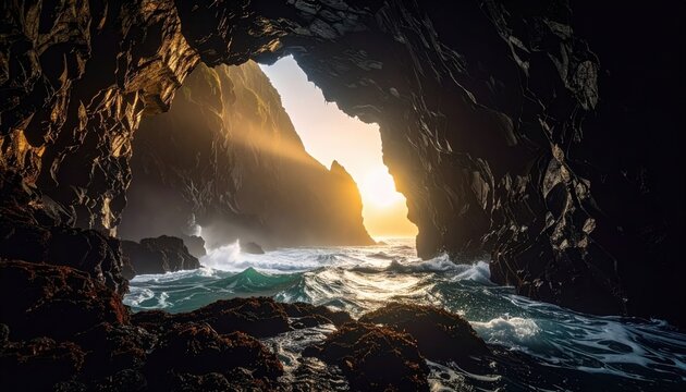 Cinematic sea cave photo where swell breathes mist into backlight, inner walls stepping into velvet black for dramatic coastal stillness.