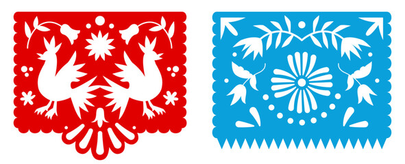 Traditional Papel Picado with Roosters and floral Cutouts – Mexican Folk Art Decorative Hanging Banner Illustration
