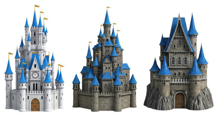 Isolated Fantasy Castles with Blue Towers on a Neutral Stage and Flags Above, Magic Kingdom