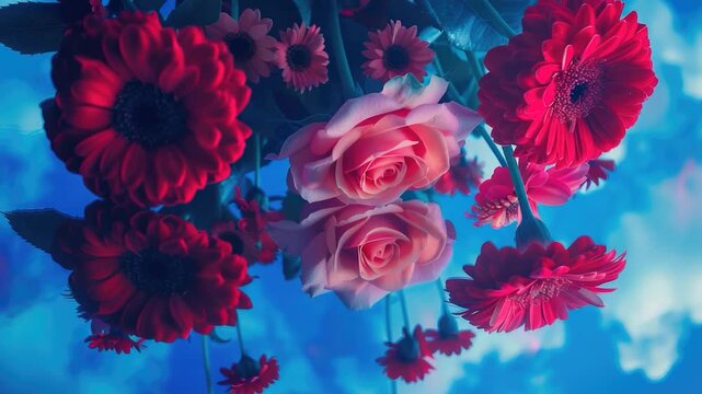 Fresh bouquet of red and pink flowers on a bright blue sky background, perfect for spring or summer themed projects