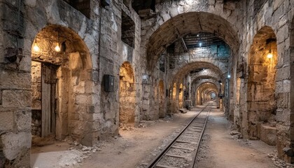 Fototapeta premium Ancient stone tunnels, arched corridors, railway track