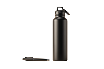 A dark gray or black stainless steel water bottle, slightly reflective, with a screw-on cap and a small loop. A pen lies next to it