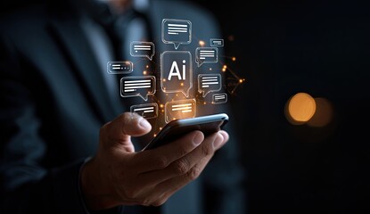 Businessman holds smartphone with AI chat interface