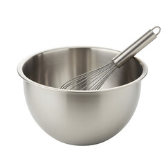 Stainless steel mixing bowl with a whisk inside, isolated on white or transparent background, PNG format.