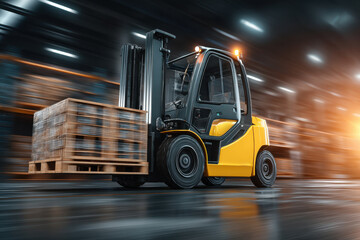 Efficient forklift moving pallets in warehouse, showcasing speed and productivity in dynamic industrial environment