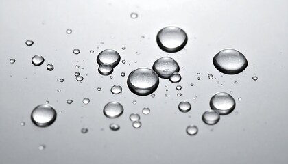 Close-up view of multiple water droplets on a reflective, glossy surface, showcasing light refraction and transparency