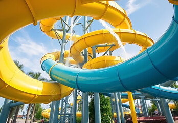 Water slide in park with lifesaving equipment and summer fun