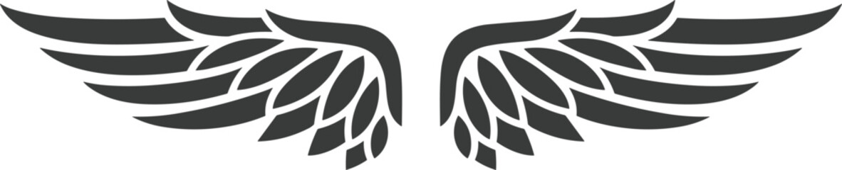 Stylized black symmetrical wings silhouette, feathered segments curving upward, freedom symbol, tattoo design, spiritual icon, vector graphic, illustration use