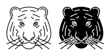 Line icon. Closeup view of head of a circus trained tiger. Simple black and white vector isolated on white background