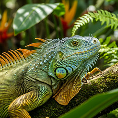 Fototapeta premium Vibrant Iguana Resting on Lush Tree Branch in Tropical Forest
