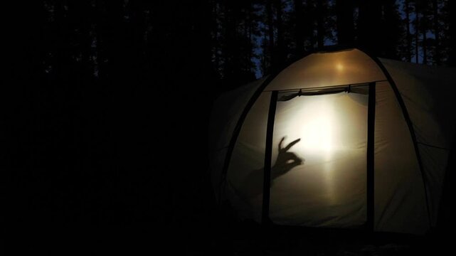 Silhouettes of children create playful shadow puppets inside a glowing tent during nighttime in the forest, capturing a fun and creative moment of outdoor adventure