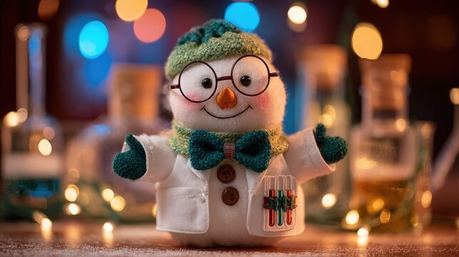 Cartoon snowman in cheerful mood wearing glasses and scientist costume with bow tie on laboratory background