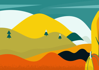 Autumn flat landscape with hills and pumpkins.