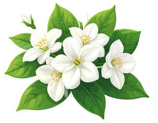 Fototapeta premium A cluster of pristine white blossoms, five open flowers and a bud, surrounded by vibrant green leaves, creating a lush floral arrangement