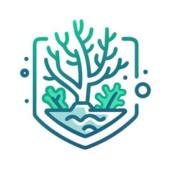 Obraz premium Stylized illustration of a tree and aquatic plants in a shield shape, representing nature conservation 