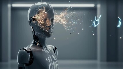 Artificial intelligence woman cyborg head showing abstract brain circuits and digital data stream connected to human mind concept footage. - Powered by Adobe