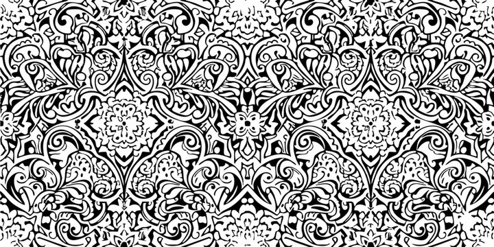 Detailed Ornamental Swirl Design in Black and White, Complex Floral Pattern