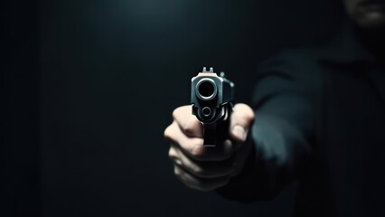 Dramatic closeup of a hand aiming a handgun in the darkness creates suspenseful tension, perfect for crime stories and action movie scenes