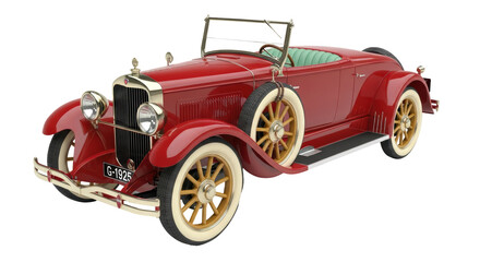 Isolated red antique automobile with spare wheel, vintage car, classic open top roadster