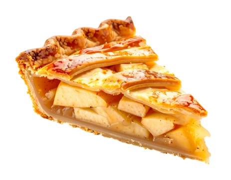 A single, golden-brown slice of apple pie, showcasing juicy apple chunks and a glossy lattice crust.  The pastry appears flaky and delicious