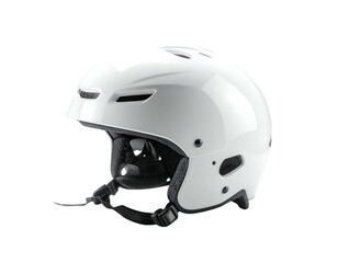 Fototapeta premium Sleek, white hard shell helmet with vents, adjustable chin strap, and integrated padding, showcasing a side profile against a black background