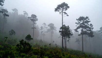 Misty forest landscape view
