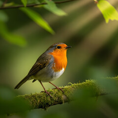 Fototapeta premium Vibrant red robin perched serenely in a sunlit forest