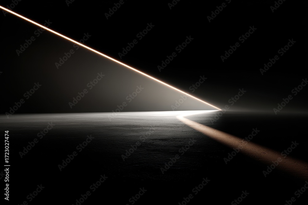 Poster ray of illumination: an abstract depiction of a beam of light cutting through darkness, creating a s