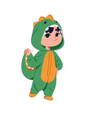Happy kid is wearing cute animal kigurumi. Joyful child is in green costume of dino with a hood and tail. Adorable baby is in onesie, pajamas of dinosaur. Flat isolated vector illustration in white