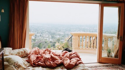 Morning in a cozy bedroom with a stunning view of the city landscape and hills beyond the open balcony doors