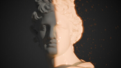 Mythical atmosphere: Apollo statue with divine lighting and golden particles in the air