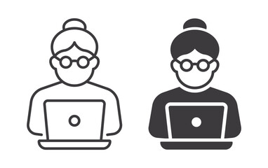 Elderly woman icons. Symbol of communication and computer use. Vector illustration.