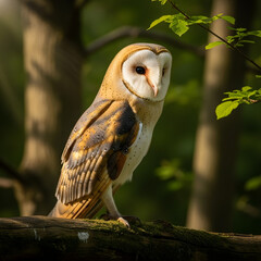 Stunning Barn Owl Perched on a Branch in a Serene Forest