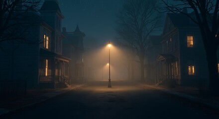 A foggy street scene at night with illuminated streetlights and houses with glowing windows visible