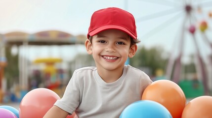 A smiling child with a red cap, sitting on top of a large pile of bright blue, orange, and pink fun balls, surrounded by a lively amusement park with rides and balloons