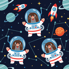 Happy astronaut moles float among planets and rockets in a whimsical space adventure