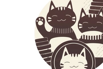 Minimalist flat illustration of happy cats playing with car's steering wheel in black and white, circular shapes