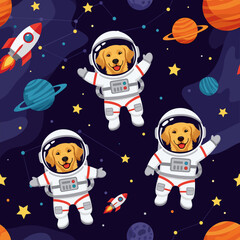 Smiling Golden Retriever dogs in astronaut suits happily float through space with planets and rockets