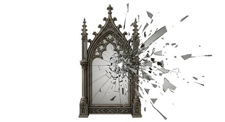 An ornate gothic mirror shatters into countless sharp fragments, reflecting the destruction of an era