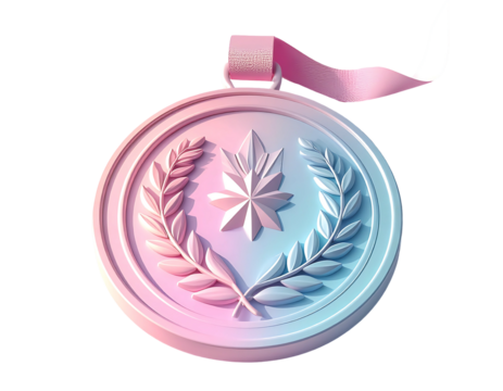 Pastel pink and blue circular medal with a cannabis leaf emblem encircled by laurel wreaths, attached to a pink ribbon