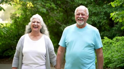 A joyful senior couple strolling through a lush park, their laughter echoing in the tranquil surroundings.