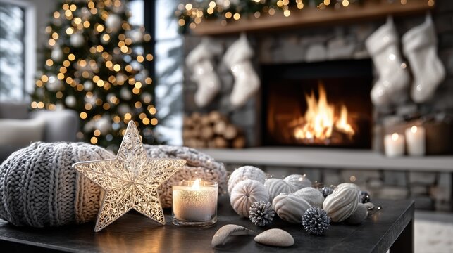 Glowing Christmas star with candles and festive lights by warm fireplace